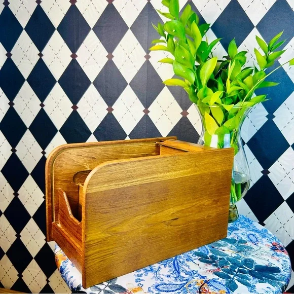 Teak Tambour Door Vintage Desktop Organizer| Recipe Card or Letter Holder - Picture 14 of 17